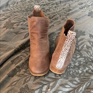 Buckle Tan Ankle Booties with Patterned Accent